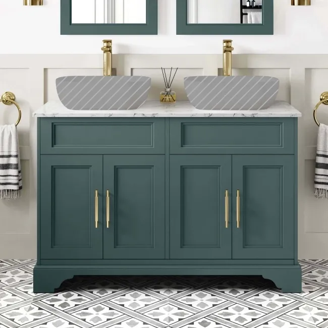 Lucia Midnight Green Cabinet with Marble Top 1200mm (Excludes Counter Top Basins) - Brass Knurled Handles