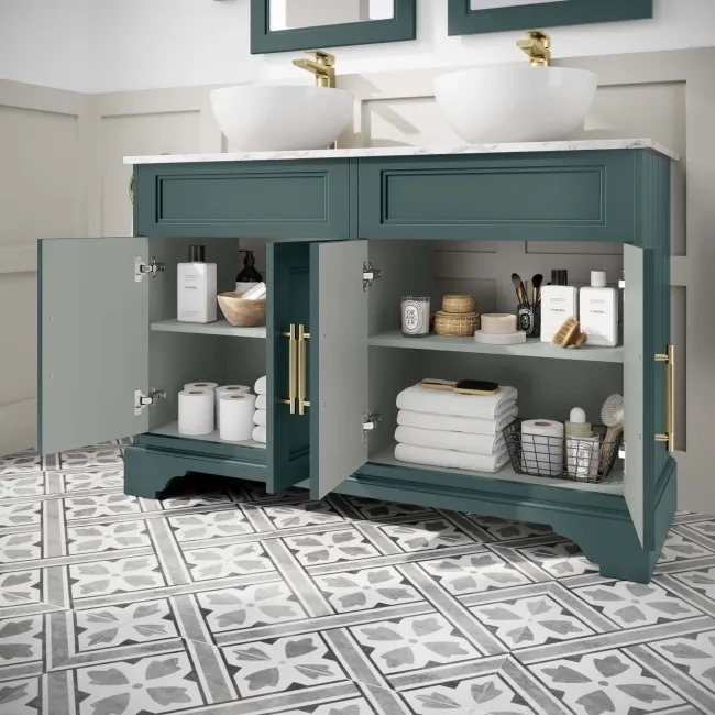 Lucia Midnight Green Double Vanity with Marble Top & Round Counter Top Basin 1200mm - Brass Knurled Handles