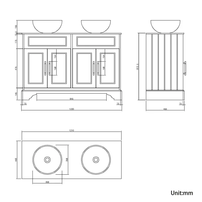 Lucia Midnight Green Double Vanity with Marble Top & Round Counter Top Basin 1200mm - Brass Knurled Handles