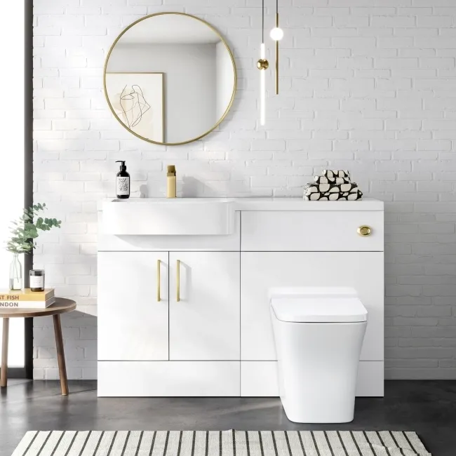 Harper Gloss White Combination Vanity Basin and Houston Toilet 1200mm - Brushed Brass Accents - Left Handed