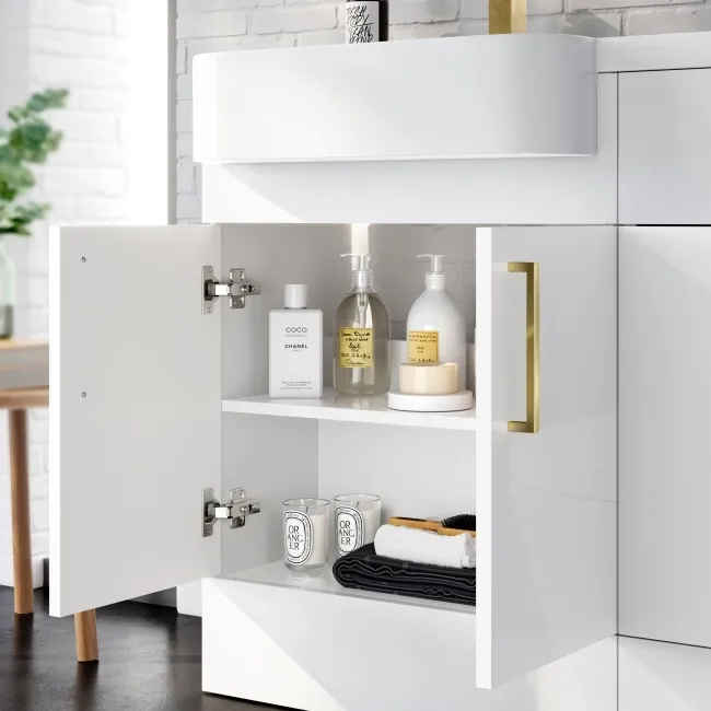 Harper Gloss White Combination Vanity Basin and Boston Toilet 1200mm - Brushed Brass Accents - Left Handed