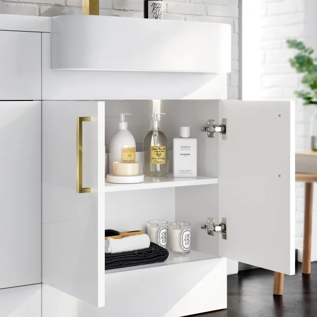 Harper Gloss White Combination Vanity Basin and Tucson Toilet 1200mm - Brushed Brass Accents - Right Handed