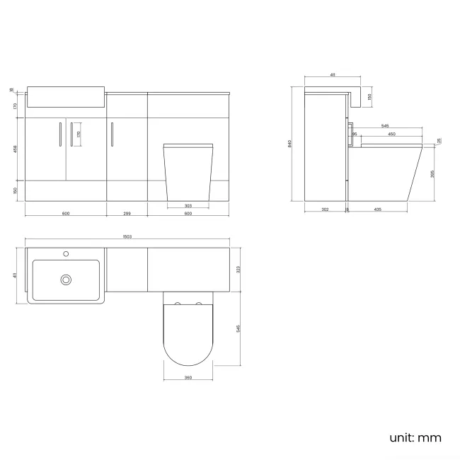 Harper Gloss White Combination Vanity Basin and Boston Toilet 1500mm - Brushed Brass Accents