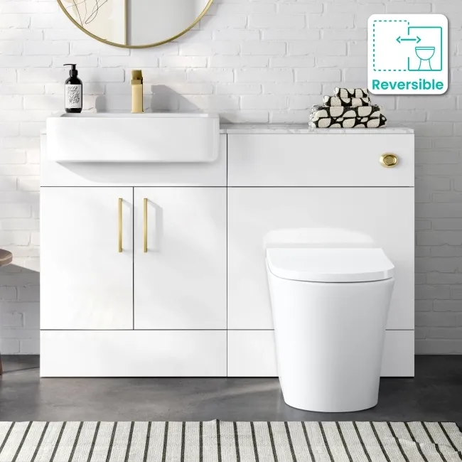 Harper Gloss White Combination Vanity Basin with Marble Top & Tucson Toilet 1200mm - Brushed Brass Accents