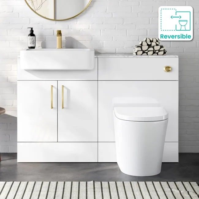 Harper Gloss White Combination Vanity Basin with Marble Top & Boston Toilet 1200mm - Brushed Brass Accents