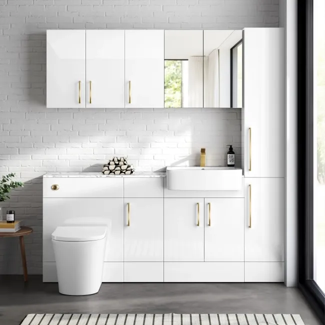 Harper Gloss White Combination Vanity Basin with Marble Top & Tucson Toilet 1500mm - Brushed Brass Accents