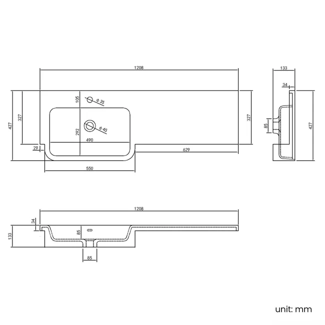 Harper Stone Grey Basin Vanity and Back To Wall Toilet Unit 1200mm (Excludes Toilet) - Brushed Brass Accents - Left Handed