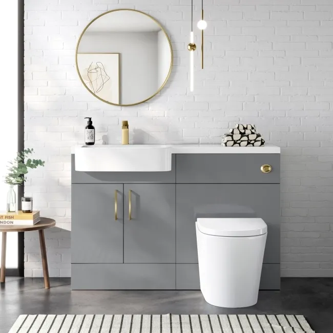 Harper Stone Grey Combination Vanity Basin and Boston Toilet 1200mm - Brushed Brass Accents - Left Handed