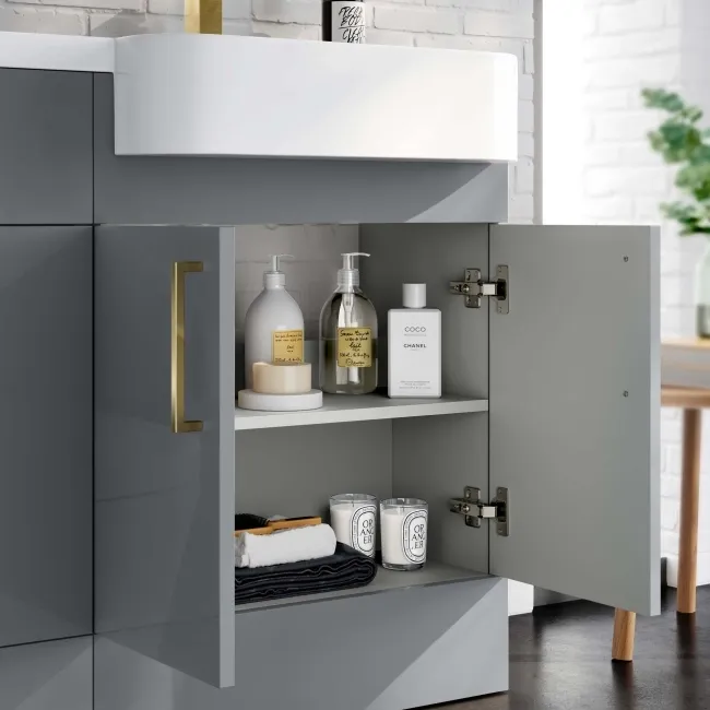 Harper Stone Grey Basin Vanity and Back To Wall Toilet Unit 1200mm (Excludes Toilet) - Brushed Brass Accents - Right Handed