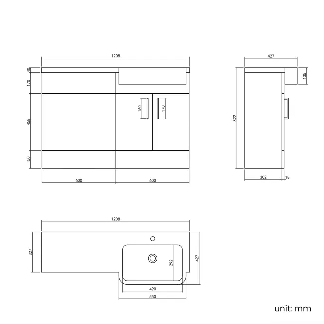 Harper Stone Grey Basin Vanity and Back To Wall Toilet Unit 1200mm (Excludes Toilet) - Brushed Brass Accents - Right Handed