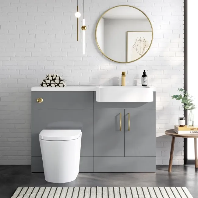 Harper Stone Grey Combination Vanity Basin and Boston Toilet 1200mm - Brushed Brass Accents - Right Handed
