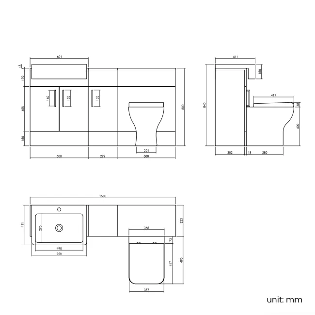 Harper Stone Grey Combination Vanity Basin and Houston Toilet 1500mm - Brushed Brass Accents