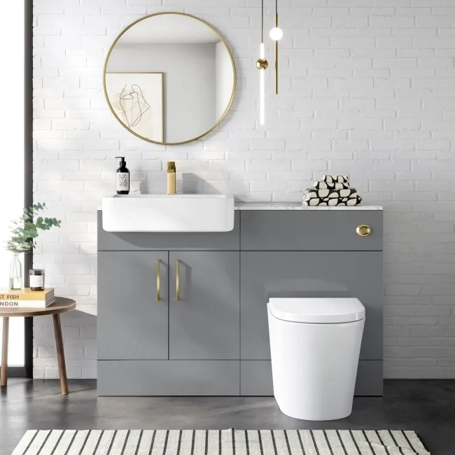 Harper Stone Grey Combination Vanity Basin with Marble Top & Boston Toilet 1200mm - Brushed Brass Accents