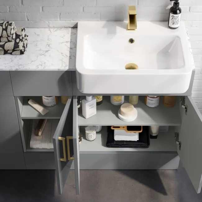 Harper Stone Grey Combination Vanity Basin with Marble Top & Tucson Toilet 1500mm - Brushed Brass Accents