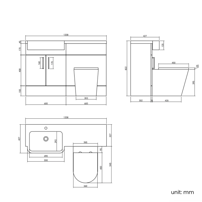 Harper Navy Blue Combination Vanity Basin and Boston Toilet 1200mm - Black Accents - Left Handed