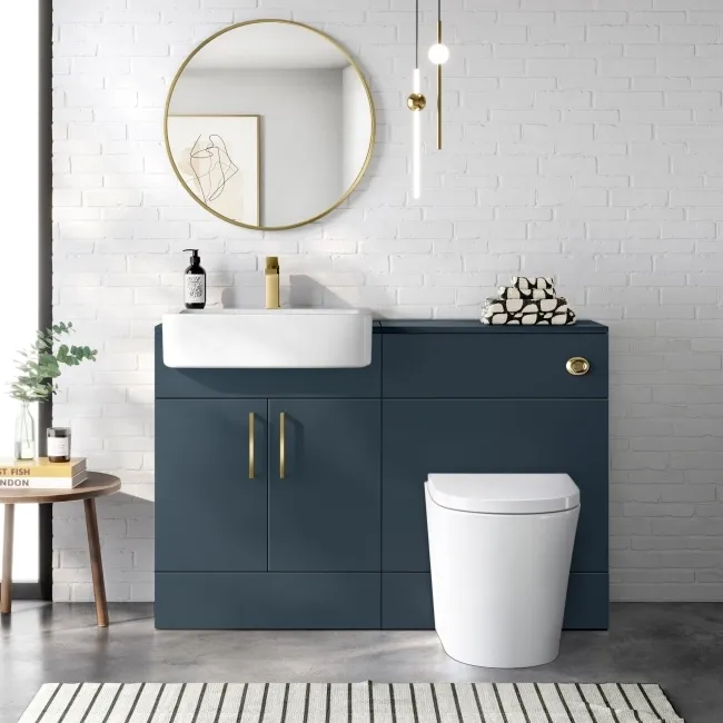Harper Navy Blue Combination Vanity Basin and Boston Toilet 1200mm - Brushed Brass Accents