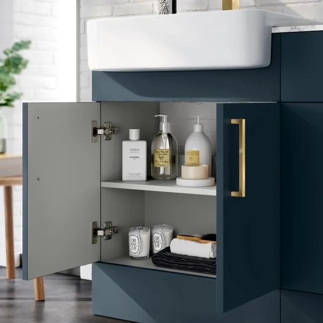 Harper Navy Blue Basin Vanity with Marble Top & Back To Wall Unit 1200mm (Excludes Toilet) - Brushed Brass Accents