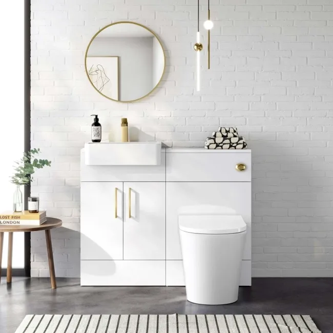Harper Gloss White Vanity with Semi Recessed Basin 500mm - Brushed Brass Accents