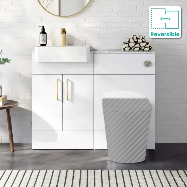 Harper Gloss White Basin Vanity With Marble Top and Back To Wall Toilet Unit 1000mm (Excludes Toilet) - Brushed Brass Accents