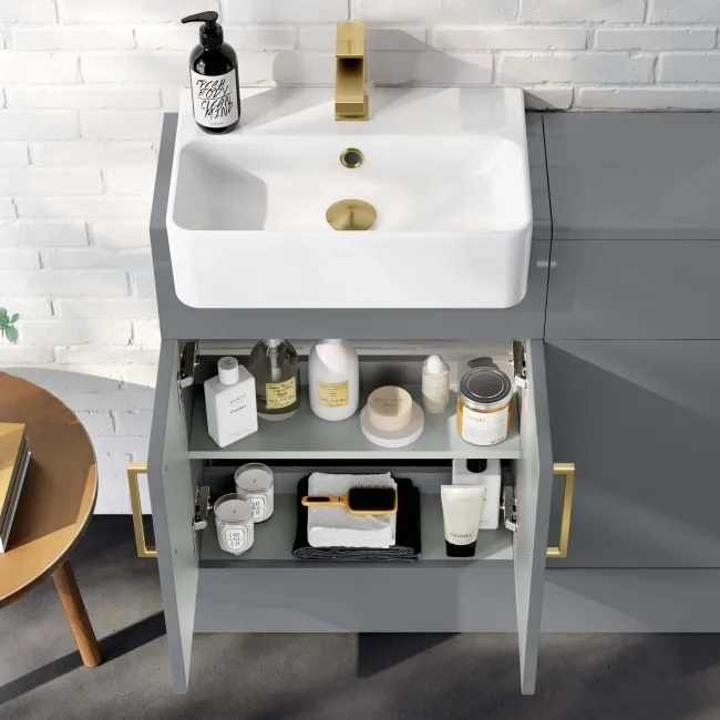 Harper Stone Grey Vanity with Semi Recessed Basin 500mm - Brushed Brass Accents