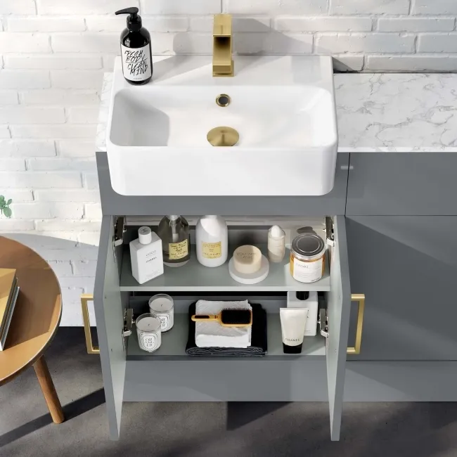 Harper Stone Grey Basin Vanity with Marble Top & Back To Wall Unit 1000mm (Excludes Toilet) - Brushed Brass Accents