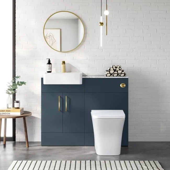 Harper Navy Blue Combination Vanity Basin with Marble Top & Houston Toilet 1000mm - Brushed Brass Accents