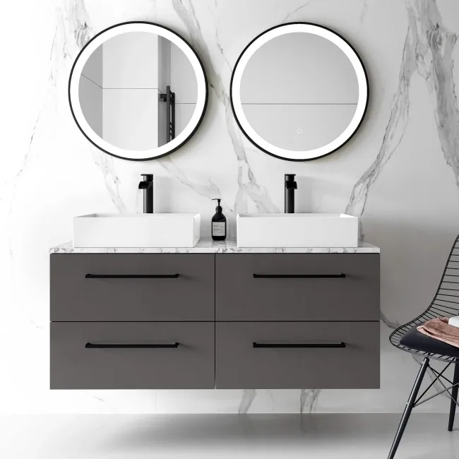 Elba Graphite Grey Double Wall Hung Drawer Vanity with Marble Top & Cody Basin 1200mm - Black Accents