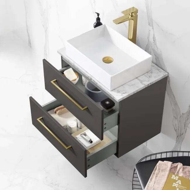 Elba Graphite Grey Wall Hung Drawer Vanity with Marble Top & Cody Basin 600mm - Brushed Brass Accents