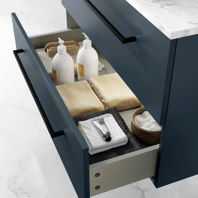 Elba Inky Blue Wall Hung Drawer Vanity with Marble Top & Cody Basin 800mm - Black Accents