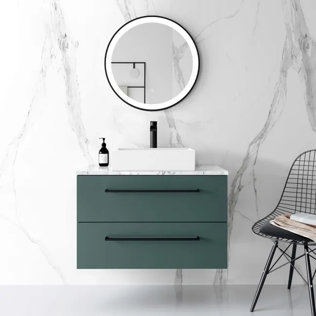 Elba Midnight Green Wall Hung Drawer Vanity with Marble Top & Cody Basin 800mm - Black Accents