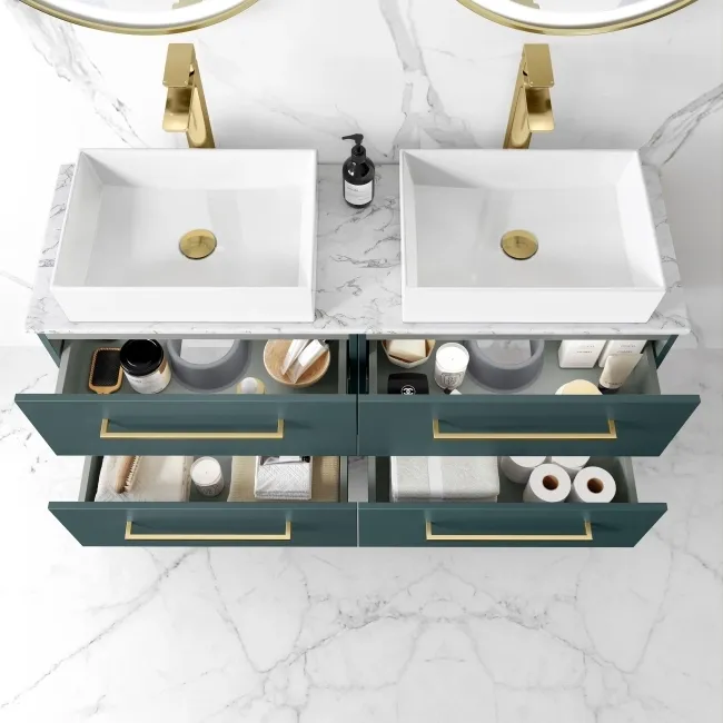 Elba Midnight Green Double Wall Hung Drawer Vanity with Marble Top & Cody Basin 1200mm - Brushed Brass Accents