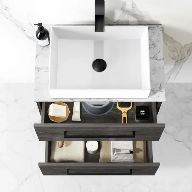 Elba Charcoal Elm Wall Hung Drawer Vanity with Marble Top & Cody Basin 600mm - Black Accents