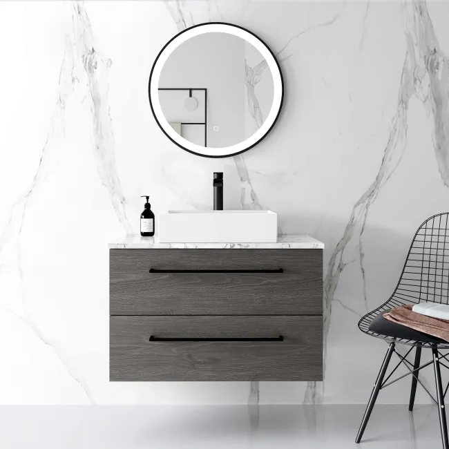 Elba Charcoal Elm Wall Hung Drawer Vanity with Marble Top & Cody Basin 800mm - Black Accents