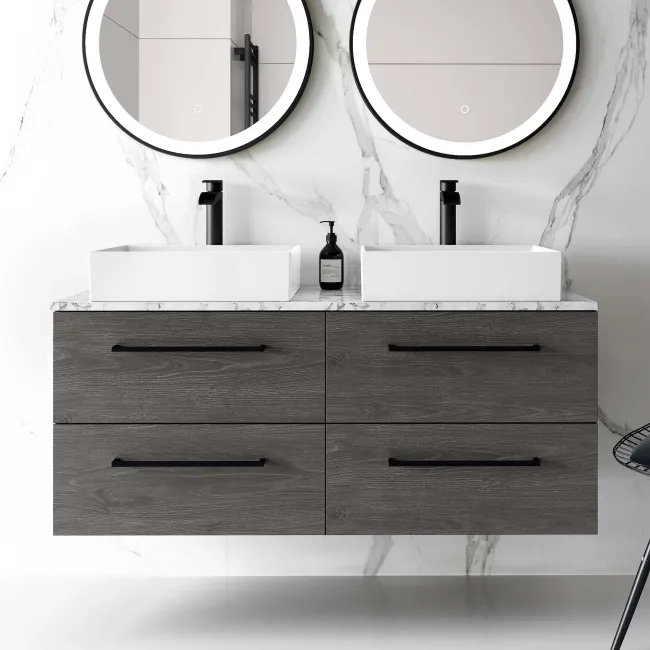 Elba Charcoal Elm Double Wall Hung Drawer Vanity with Marble Top & Cody Basin 1200mm - Black Accents
