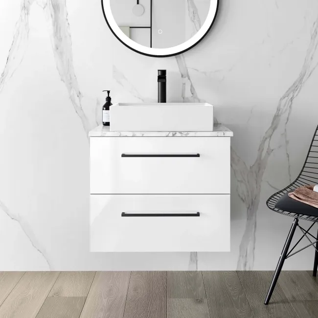 Elba Gloss White Wall Hung Drawer Vanity with Marble Top & Cody Basin 600mm - Black Accents