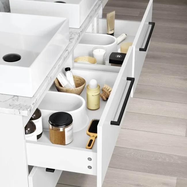 Elba Gloss White Double Wall Hung Drawer Vanity with Marble Top & Cody Basin 1200mm - Black Accents