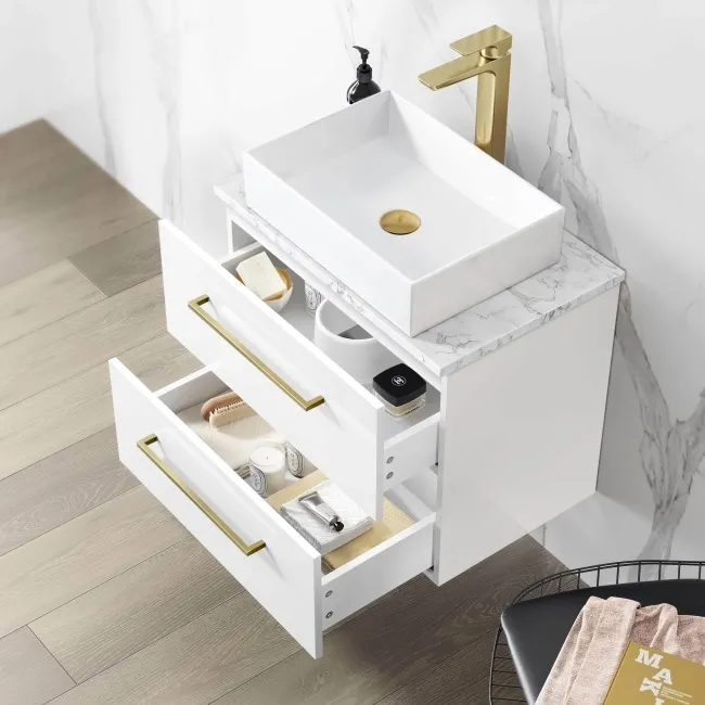 Elba Gloss White Wall Hung Drawer Vanity with Marble Top & Cody Basin 600mm - Brushed Brass Accents