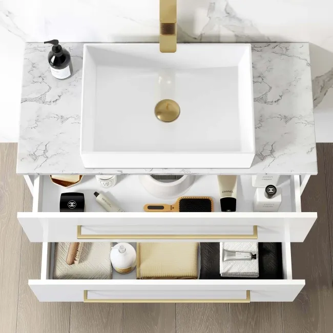 Elba Gloss White Wall Hung Drawer Vanity with Marble Top & Cody Basin 800mm - Brushed Brass Accents