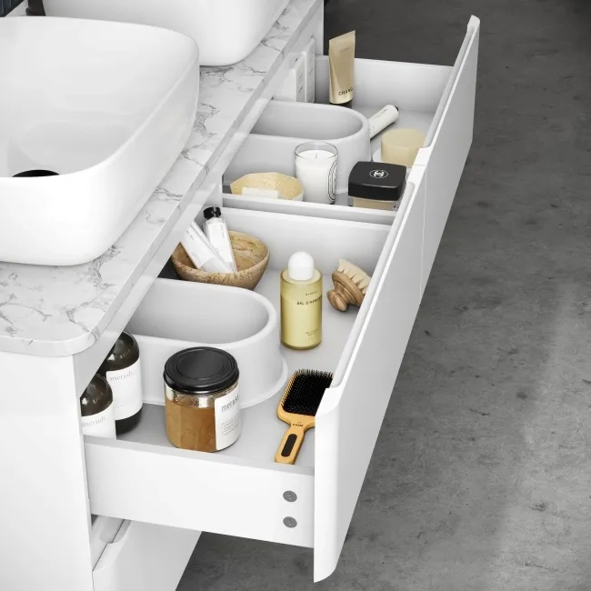 Corsica Gloss White Wall Hung Drawer Vanity with Marble Top & Curved Counter Top Basin 1200mm