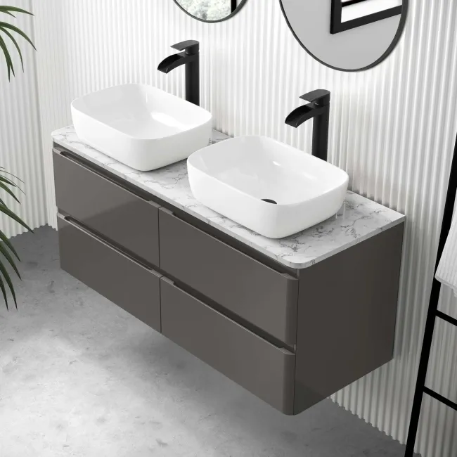 Corsica Tungsten Grey Wall Hung Drawer Vanity with Marble Top & Curved Counter Top Basin 1200mm