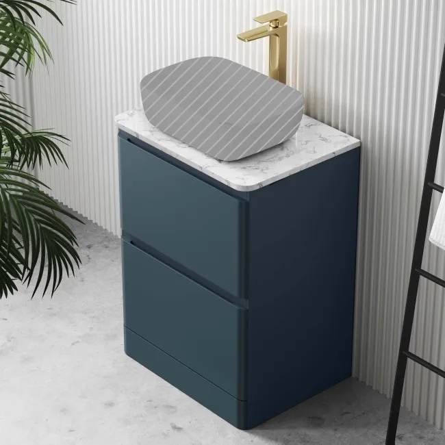 Corsica Inky Blue Drawer Vanity with Marble Top 600mm - Excludes Counter Top Basin