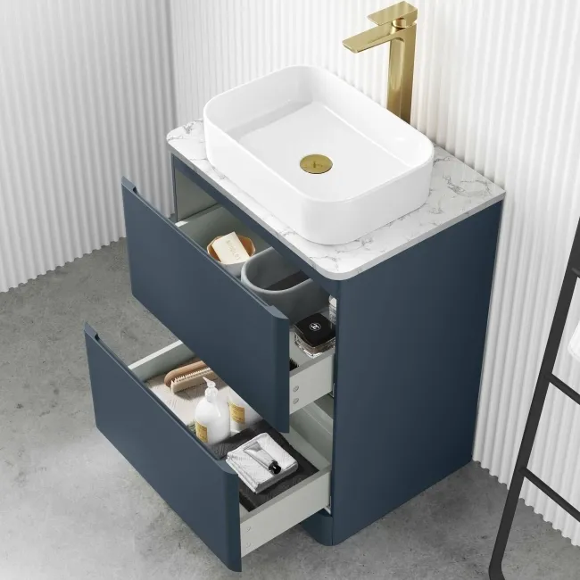 Corsica Inky Blue Vanity Drawer with Marble Top & Marin Basin 600mm