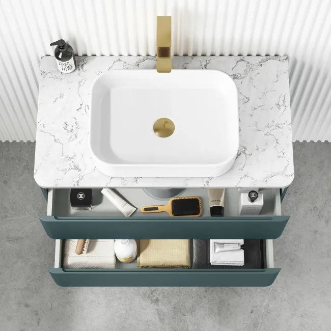 Corsica Midnight Green Wall Hung Drawer Vanity with Marble Top & Marin Basin 800mm