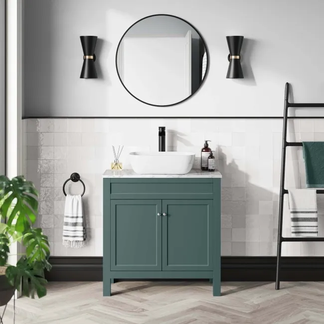 Bermuda Midnight Green Vanity with Marble Top & Curved Counter Top Basin 800mm