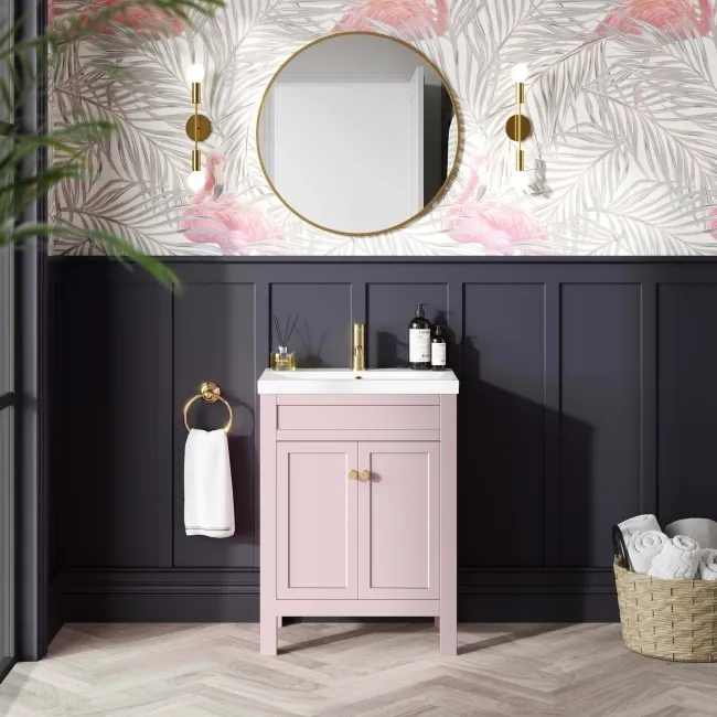 Bermuda Cashmere Pink Basin Vanity 600mm - Brushed Brass Accents