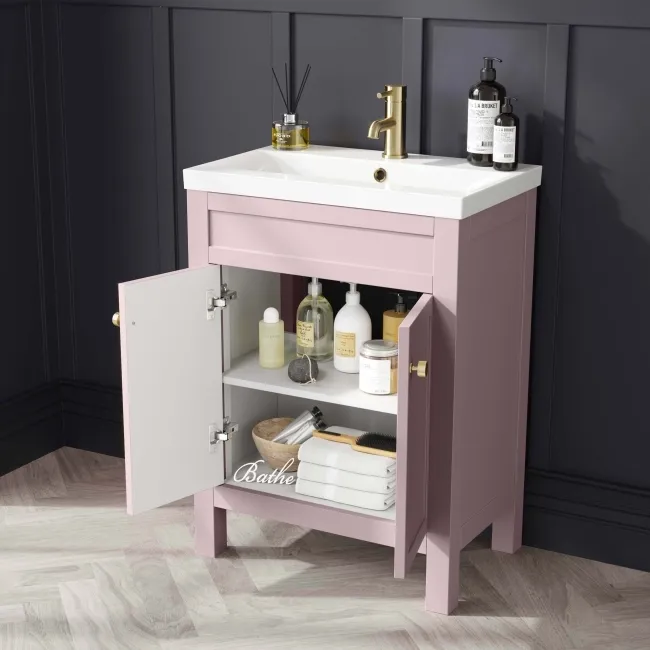 Bermuda Cashmere Pink Basin Vanity 600mm - Brushed Brass Accents