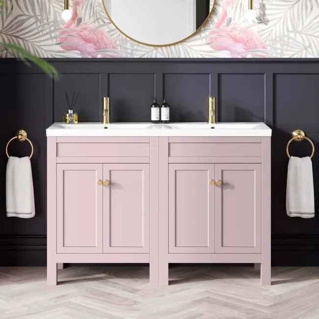 Bermuda Cashmere Pink Double Basin Vanity 1200mm - Brushed Brass Accents