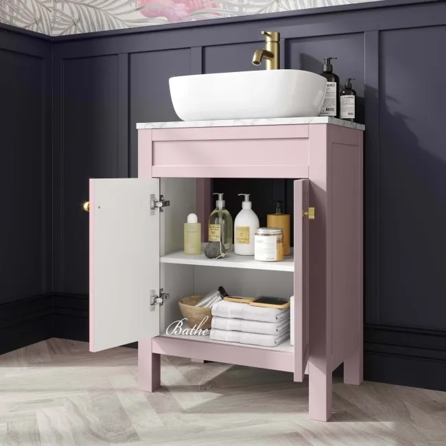 Bermuda Cashmere Pink Vanity with Marble Top & Curved Counter Top Basin 600mm - Brushed Brass Accents