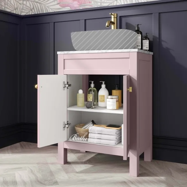 Bermuda Cashmere Pink Cabinet with Marble Top 600mm (Excludes Counter Top Basin) - Brushed Brass Accents