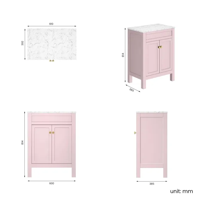 Bermuda Cashmere Pink Cabinet with Marble Top 600mm (Excludes Counter Top Basin) - Brushed Brass Accents